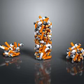Orange And White Household Batteries Stacked Into Different Shapes With Various Heights On Gray Background