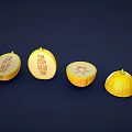 Fresh Yellow Melon Display Whole And Sliced Showing Inner Structure Against Dark Blue Background