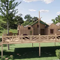 Wooden Outdoor Children's Play Area With Playhouses Windmill Platform And Lush Trees