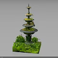 Detailed Small Decorative Multi Tiered Garden Fountain Model With Green Grass Landscape Base