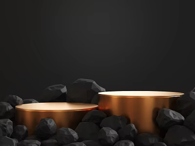 Commercial Display Equipment With Golden Cylindrical Pedestals And Black Stones Against Black Background 3d model