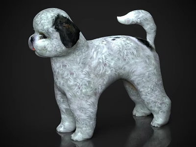 White Puppy Doll With Floral Patterns Black Ears And Tail Tip Standing On Dark Background 3d model