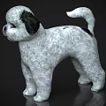 White Puppy Doll With Floral Patterns Black Ears And Tail Tip Standing On Dark Background