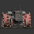 Vintage Tractor Model With Large Red Spiked Wheels Metal Body And Grass Base