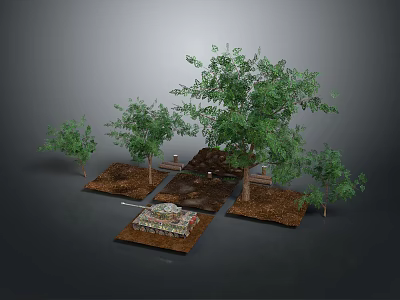 Various Green Trees of Different Sizes Planted in Soil Plots with Natural Foliage 3d model