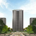 Modern High Rise Residential Building With Trees And Clear Blue Sky