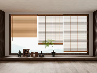 Natural Bamboo Blinds Covering Window with Decorative Items and Scenic Mountain View 3d model
