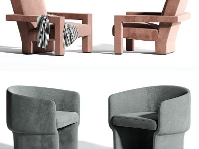 Modern Accent Chairs With Armrests Pink Gray Velvet Upholstery And Throw Blanket 3d model