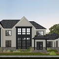 Classic Single Family House Exterior With White Walls Black Windows Gray Roof And Green Lawn