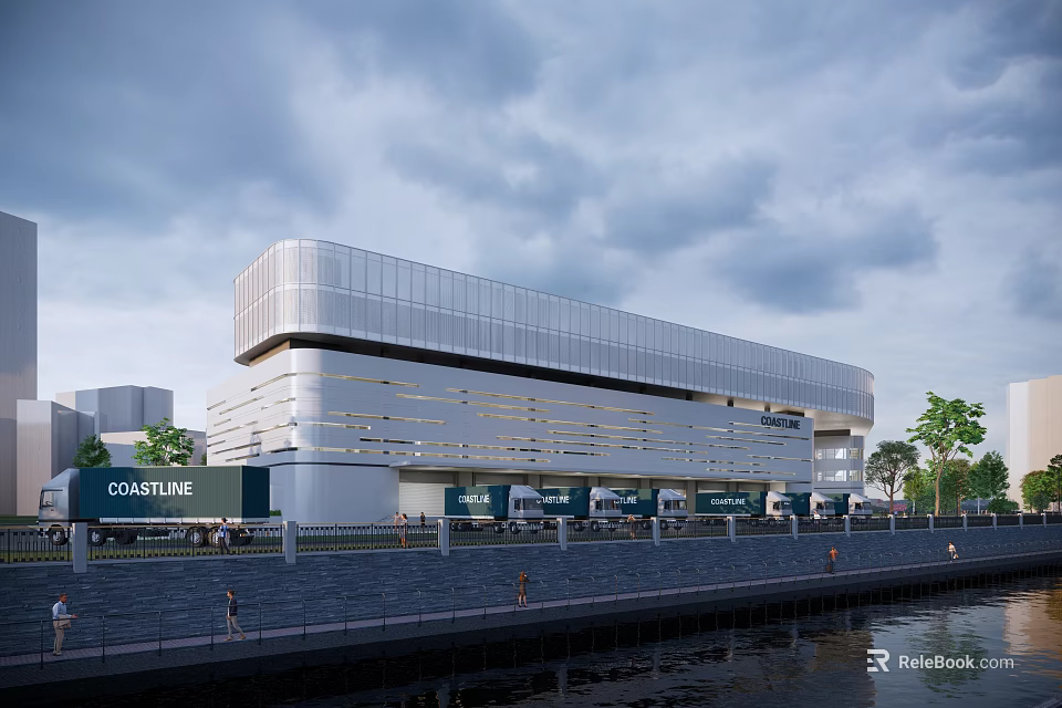 Modern Industrial Park Building With Waterfront Walkway Pedestrians And Retail Shops 3d model 