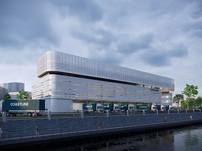 Modern Industrial Park Building With Waterfront Walkway Pedestrians And Retail Shops 3d model