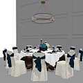 Elegant Round Dining Table With White Chair Covers Navy Blue Bows Tableware And Ceiling Chandelier