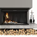 Modern Fireplace Design With Burning Fire Stacked Firewood And Metal Tools Gray Concrete Base