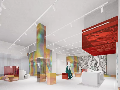 Modern Clothing Store Interior With Iridescent Columns Artistic Murals And Display Areas 3d model