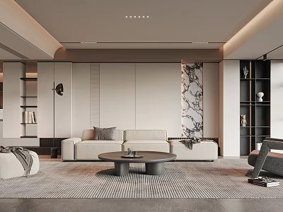 Modern Living Room Interior Design With Beige Sofa Round Coffee Table Rug And Decorative Wall 3d model
