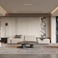 Modern Living Room Interior Design With Beige Sofa Round Coffee Table Rug And Decorative Wall