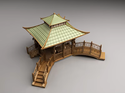 Traditional Chinese Pavilion With Green Tiled Roof And Wooden Curved Bridge Railing 3d model