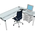 Modern Glass Office Desk With Computer Monitor Black Chair And Drawer Cabinet