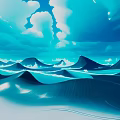 Cartoon Style Blue Toned Landscape With Rolling Sand Dunes And Cloudy Sky