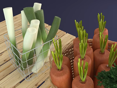 Fresh Carrots And Leeks In Baskets On Wooden Table Top 3d model