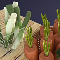 Fresh Carrots And Leeks In Baskets On Wooden Table Top