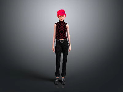 Red Haired Human Character in Sleeveless Top and Black Pants Standing Against Gray Background 3d model