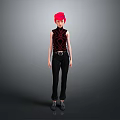 Red Haired Human Character in Sleeveless Top and Black Pants Standing Against Gray Background