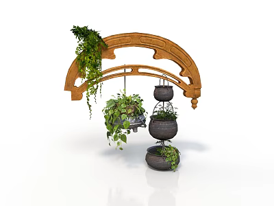 Wooden Arch Shelf With Hanging Green Plant Pots And Tiered Plant Stand 3d model