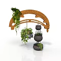 Wooden Arch Shelf With Hanging Green Plant Pots And Tiered Plant Stand