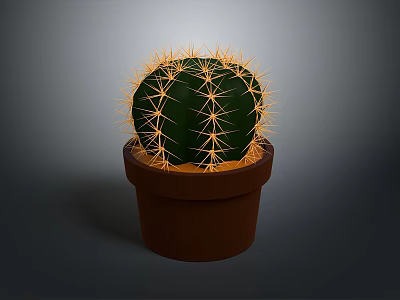 Small Green Round Cactus With Yellow Spines In Brown Ceramic Pot 3d model