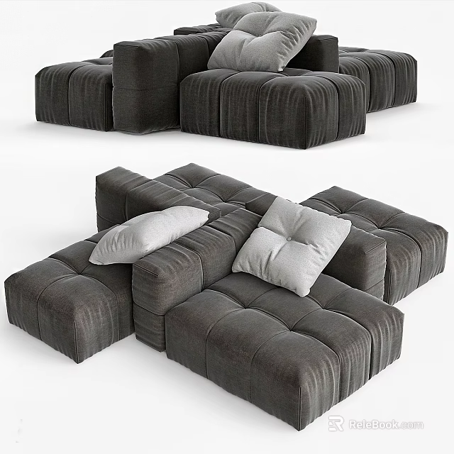 Gray Modular Sofa Bench With Soft Velvet Cushions And Modern Design 3d model