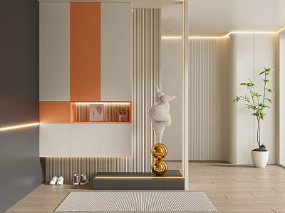 Modern Minimalist Entryway Shoe Cabinet With Orange White Design And Decorative Sculpture Green Plant 3d model