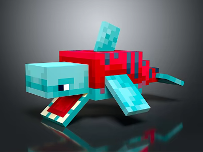 Pixel Art Turtle With Blue Body Red Shell Minecraft Inspired Floating On Reflective Surface 3d model