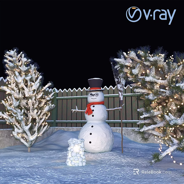 Winter Decorative Ornament Set With Snowman Snow Covered Trees And Lighted Branches 3d model 