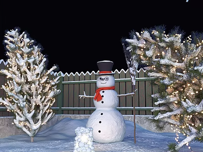 Winter Decorative Ornament Set With Snowman Snow Covered Trees And Lighted Branches 3d model