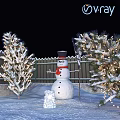Winter Decorative Ornament Set With Snowman Snow Covered Trees And Lighted Branches