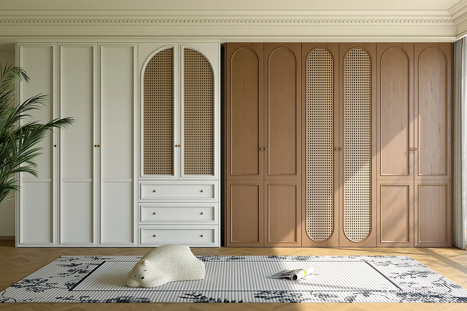 Modern Elegant Wardrobe Interior Design With White Brown Doors Drawers And Grille Panels 3d model 