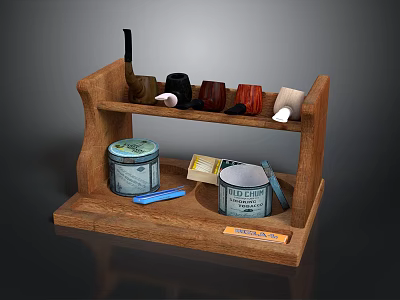 Wooden Shelf Display With Various Colored Pipes Tobacco Tins And Small Boxes 3d model