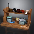 Wooden Shelf Display With Various Colored Pipes Tobacco Tins And Small Boxes