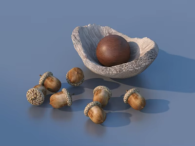 Woven Texture Decorative Bowl With Wooden Ball And Acorns For Home Decor 3d model
