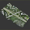 Aerial View Of Highway Bridge With Green Trees Road Intersections Residential Areas And Curved Ramps