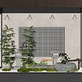 Indoor Plant Combination With Bamboo Stone Lantern Wooden Elements And Grid Pattern Wall 3d model