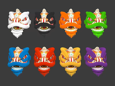 Colorful Traditional Lion Dance Dolls With Various Bright Colors And Decorative Details 3d model