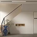 Modern Wooden Staircase Design With Black Handrail Gray Tiled Floor And Potted Plant
