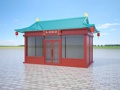 Traditional Ancient Architecture Featuring Green Roof Red Structure LOGO Door And Brick Pavement 3d model
