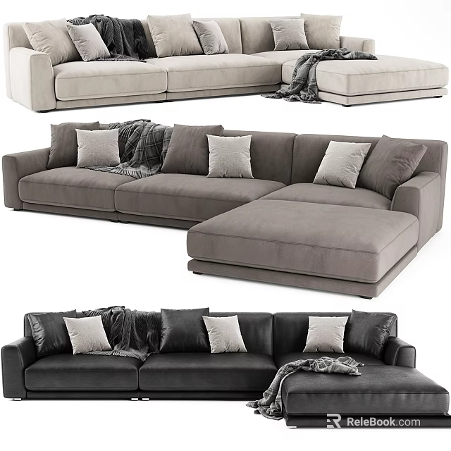 Modern Sectional Sofa With Throw Pillows And Blanket In Gray Tones 3d model