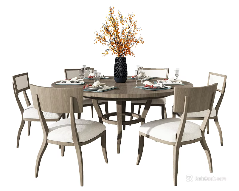 Modern Round Dining Table Set With Chairs Vase Orange Yellow Flowers And Tableware 3d model