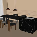 Modern Dining Table Set With Black Marble Counter And Wooden Chairs