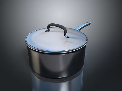 Shiny Stainless Steel Saucepan With Lid And Black Handles For Kitchen Cooking Use 3d model