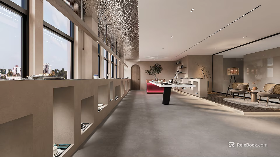 Modern Reception Area Interior Design With Grey Floor Built-in Shelves Red Counter And Ceiling Decor 3d model 